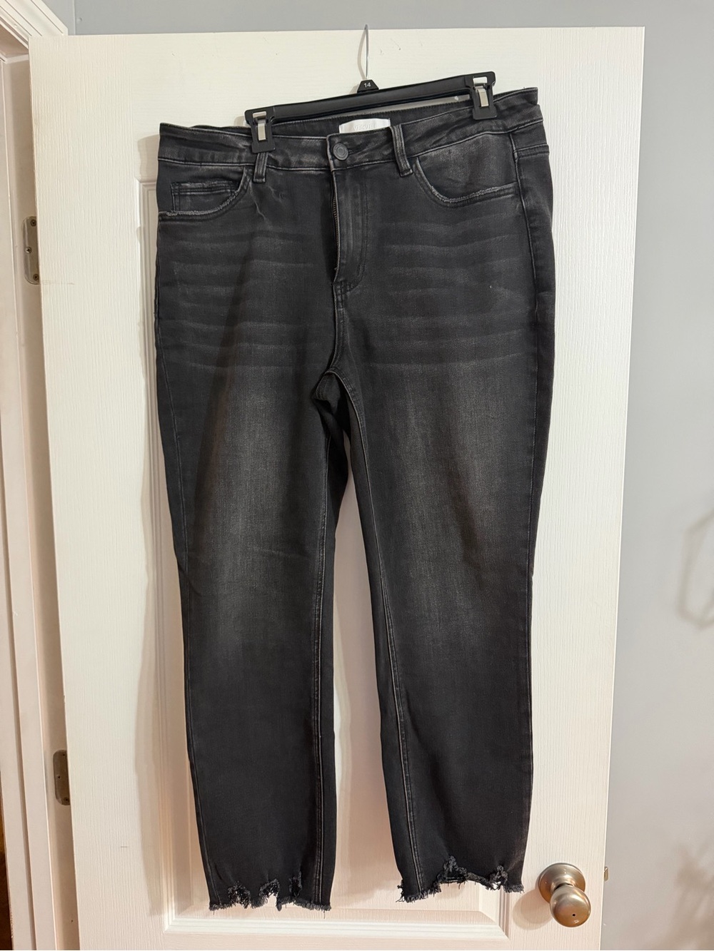 High-Rise Black Washed Cropped Jeans with Raw Hem